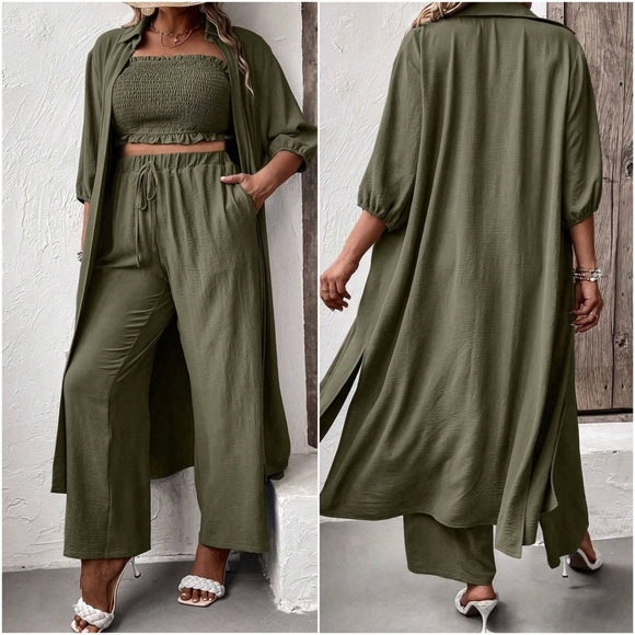 Plus Smocked Crop Top Wide leg Pants Open Front Jacket Set - Picture 2 of 6